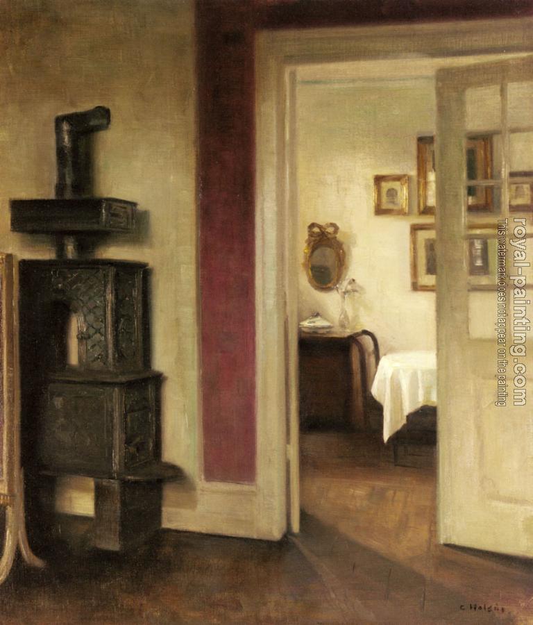 Carl Holsoe : An Interior with a Stove and a View into a Dining Room